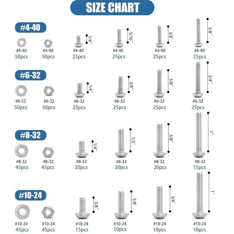 SATANTECH 700Pcs Nuts and Bolts Assortment Kit, 4-40#6-32#8-32#10-24 Phillips Pan Head Assortment Stainless Steel Bolts Nuts Flat Washers Nuts Bolts with Case - Image 3